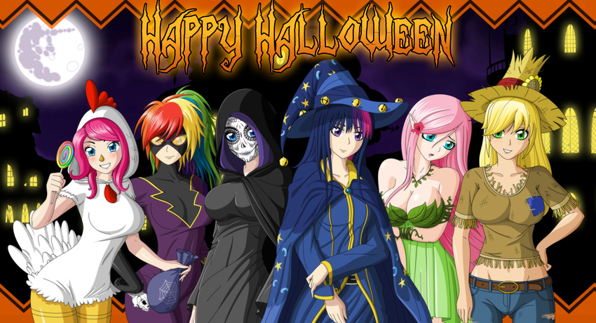 absurd_res applejack_(mlp) big_breasts breasts cleavage clothed clothing cute female fluttershy_(mlp) friendship_is_magic group hair halloween hi_res holidays human humanized looking_at_viewer mammal multi-colored_hair my_little_pony pink_hair pinkie_pie_(mlp) purple_eyes rainbow_dash_(mlp) rainbow_hair rarity_(mlp) smile twilight_sparkle_(mlp) zantyarz