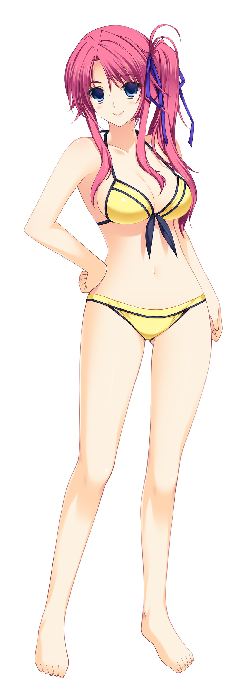 absurdres amagase_yuuki bikini blue_eyes breasts cleavage front-tie_top full_body hand_on_hip highres iizuki_tasuku long_hair looking_at_viewer lovely_x_cation medium_breasts navel pink_hair side_ponytail simple_background smile solo strap_gap swimsuit yellow_bikini