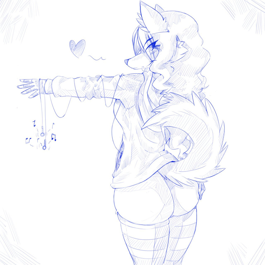 bottomless butt canine cladz dog female fracture headphones hoodie husky legwear mammal partial_nudity partially_clothed raised_tail smile socks solo sparkledog striped_socks thigh_highs treble_clef treble_cleft