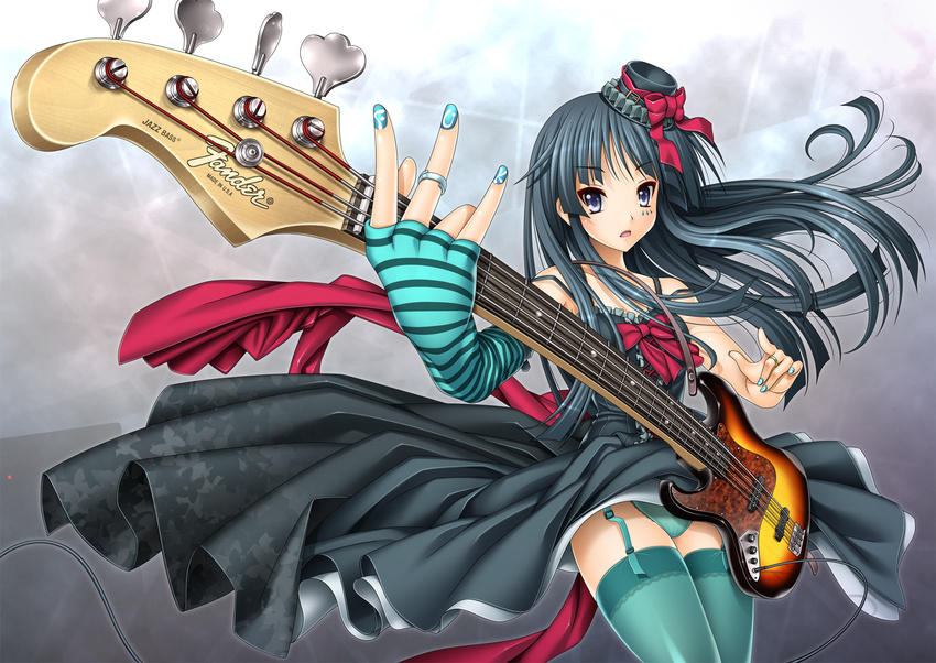 440 akiyama_mio aqua_legwear asymmetrical_clothes bass_guitar black_dress black_hair blue_eyes blue_nails bow cable don't_say_"lazy" dress elbow_gloves foreshortening garter_belt gloves hat highres instrument jewelry k-on! lingerie long_hair mini_hat mini_top_hat nail_art nail_polish panties pantyshot petticoat ring single_glove skirt solo striped striped_gloves thighhighs top_hat underwear