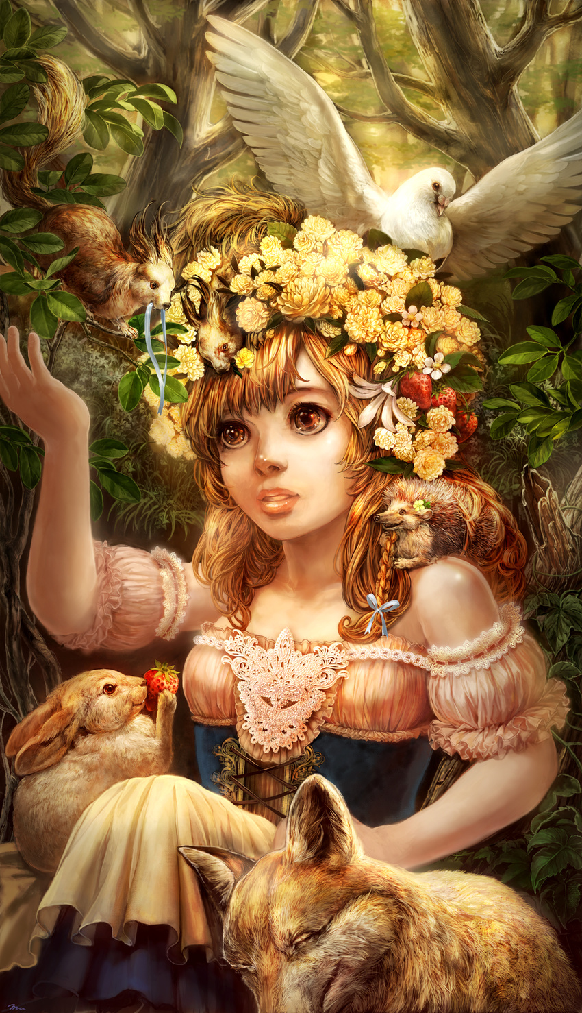 bare_shoulders bird blonde_hair braid brown_eyes bunny detached_sleeves dress face flower flower_request food food_as_clothes fox fruit hair_ribbon hedgehog highres long_hair nature original ribbon solo squirrel strawberry strawberry_blossoms umedama_riko