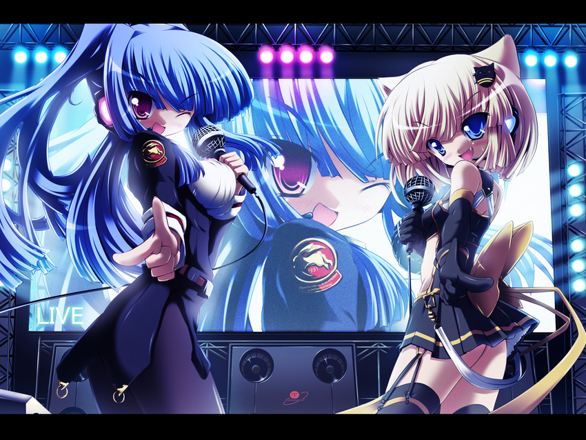 animal_ears bare_shoulders blonde_hair blue_eyes blue_hair bow breasts cat_ears dress fang highres large_breasts long_hair microphone multiple_girls no_panties one_eye_closed original pantyhose pointing purple_eyes short_hair speaker stage thighhighs torisan twintails zettai_ryouiki