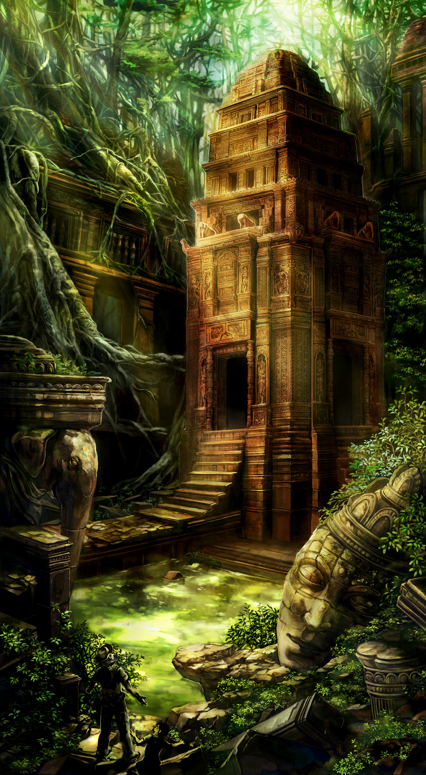aerial_root buddha child elephant hat highres jungle nature original outstretched_arms overgrown pagoda roots ruins scenery solo spread_arms statue sunlight umedama_riko water