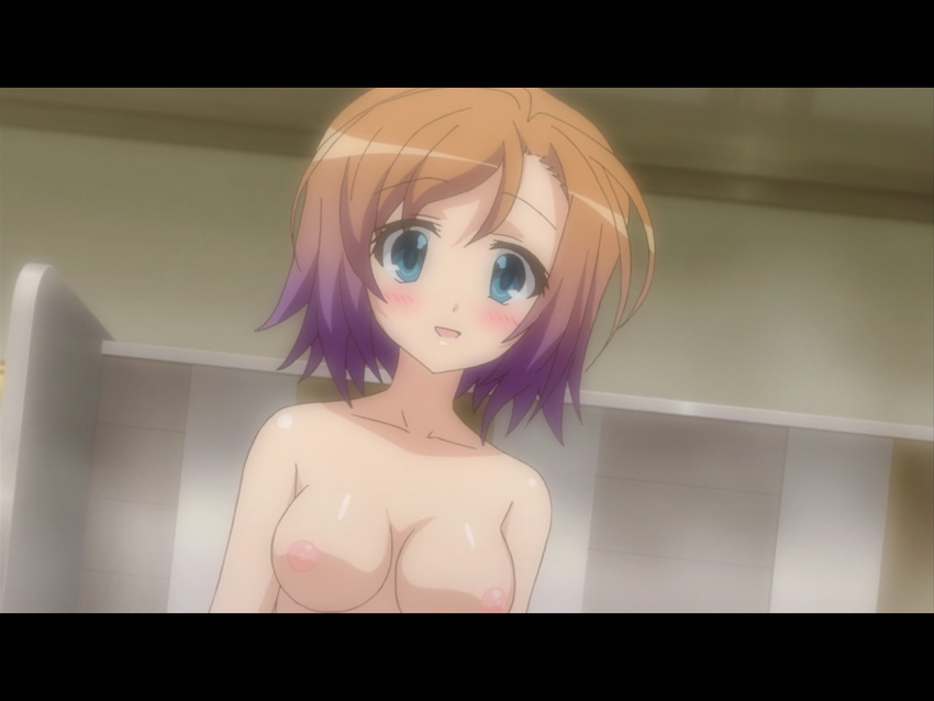 blush breasts highres itsuka_tenma_no_kuro_usagi mouth multicolored_hair open ribbon shigure_haruka short_hair smile