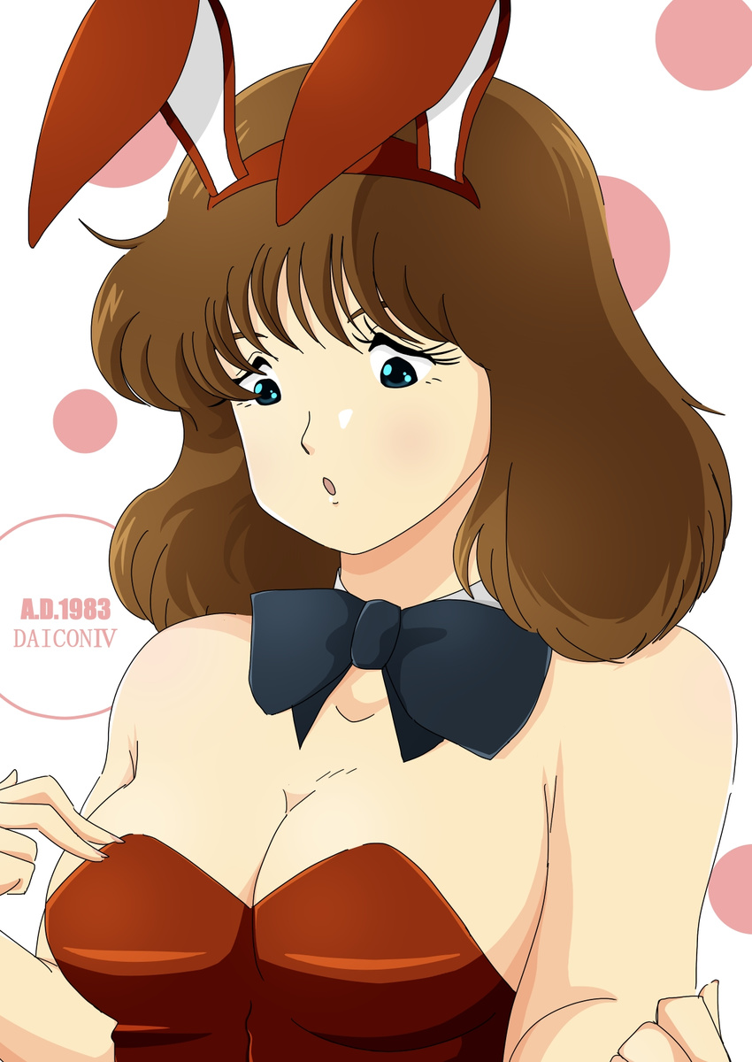 1girl animal_ears bow bowtie breasts brown_hair bunny_ears bunnysuit cleavage copyright_name daicon daicon_bunny_girl daicon_iv fake_animal_ears female hetarekonbu sachimirai solo