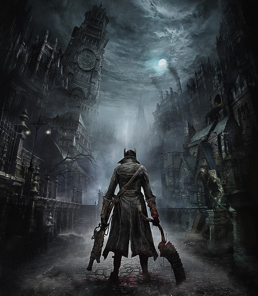 architecture belt blood blood_splatter bloodborne bloody_clothes bloody_weapon buckle cityscape clock clock_tower cloud cloudy_sky from_behind full_moon gothic_architecture gun hat highres hunter_(bloodborne) lamppost moon moonlight night night_sky official_art pillar road saw_cleaver shotgun sky smoke solo stairs standing statue street tower tree trench_coat vambraces victorian weapon