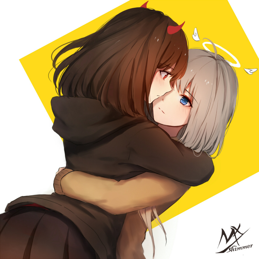 2girls angel_and_devil angel_wings artist_name bangs black_hair black_hoodie black_skirt blue_eyes blush brown_jacket closed_mouth commentary eyebrows_visible_through_hair grey_hair hair_between_eyes halo highres holding horns hug jacket long_hair long_sleeves looking_at_another medium_hair multicolored multicolored_background multiple_girls original red_eyes red_horns shimmer signature simple_background skirt white_background wings yellow_background yuri