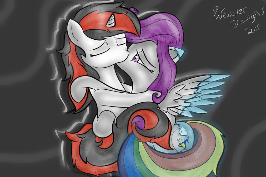 blackjack blackjack_(mlp) crossover cutie_mark duo equine eyes_closed fallout_equestria female friendship_is_magic grimdark hair hi_res horn hug invalid_tag kissing lesbian mammal morning_glory my_little_pony pegasus project_horizons purple_eyes purple_hair rainbow_dash_(mlp) rainbow_tail safe total-krazen unicorn wings