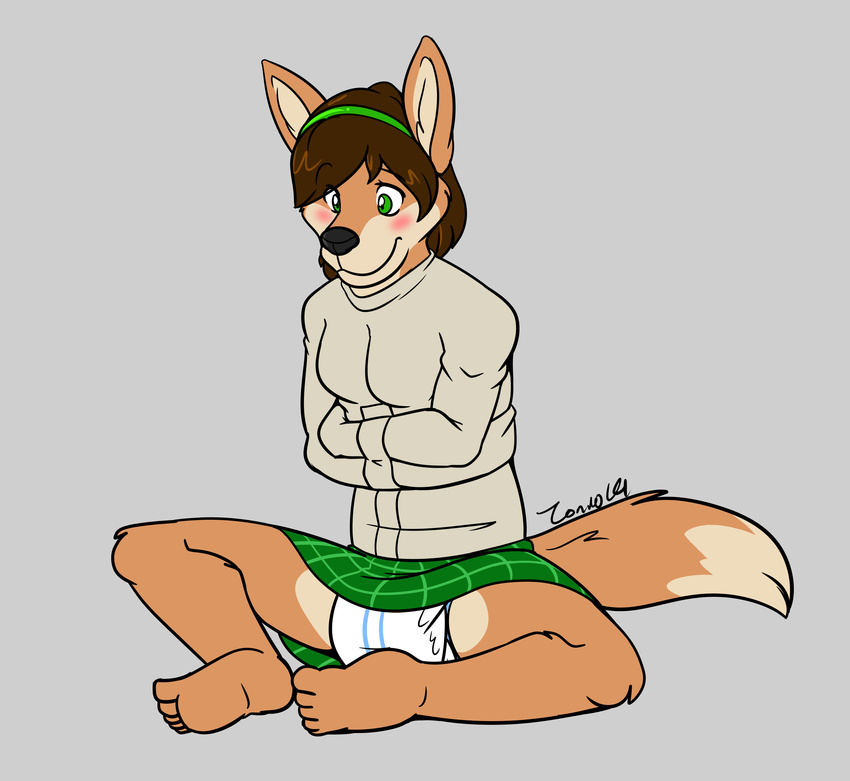 breasts brown_fur brown_hair canine diaper diaperfur female folf fox fur green_eyes hair hybrid mammal orange_fur powhatan solo toniopuppy wolf