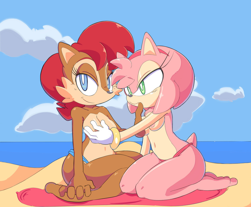 amy_rose anthro beach bigger_version_at_the_source bikini blue_eyes breasts brown_fur chipmunk clothed clothing cloud cloudydayz cloudz duo female fur gloves green_eyes grope hair half-dressed hand_on_breasts hand_on_chest happy headband headgear hedgehog hi_res lesbian long_hair looking_at_viewer mammal navel nipples on_floor outside pink_hair red_hair rodent sally_acorn sand sea seaside sega short_hair sitting sky smile sonic_(series) swimsuit topless video_games water