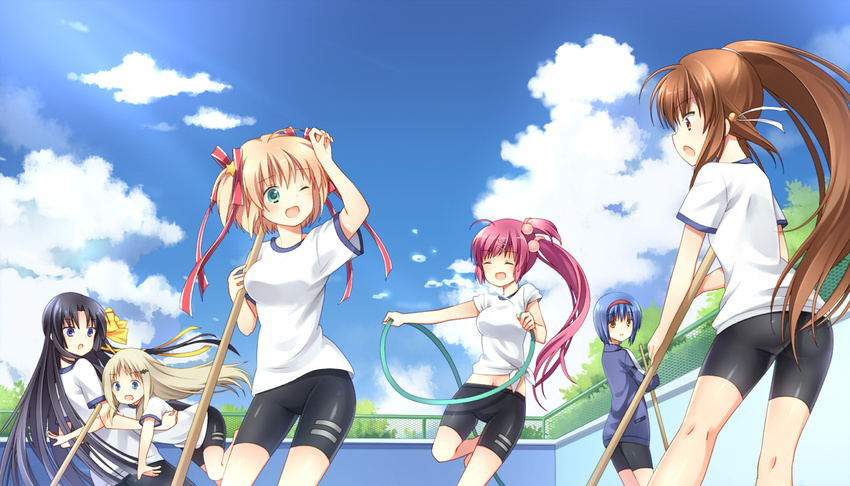 :d :o ;d ^_^ bike_shorts black_hair blonde_hair blue_eyes blue_hair broom brown_eyes brown_hair closed_eyes empty_pool green_eyes gym_uniform hairband hose jacket kamikita_komari kurugaya_yuiko little_busters! long_hair multiple_girls natsume_rin nishizono_mio noumi_kudryavka one_eye_closed open_mouth ponytail purple_eyes purple_hair red_eyes ribbon saigusa_haruka satou_aoi short_hair side_ponytail smile track_jacket twintails