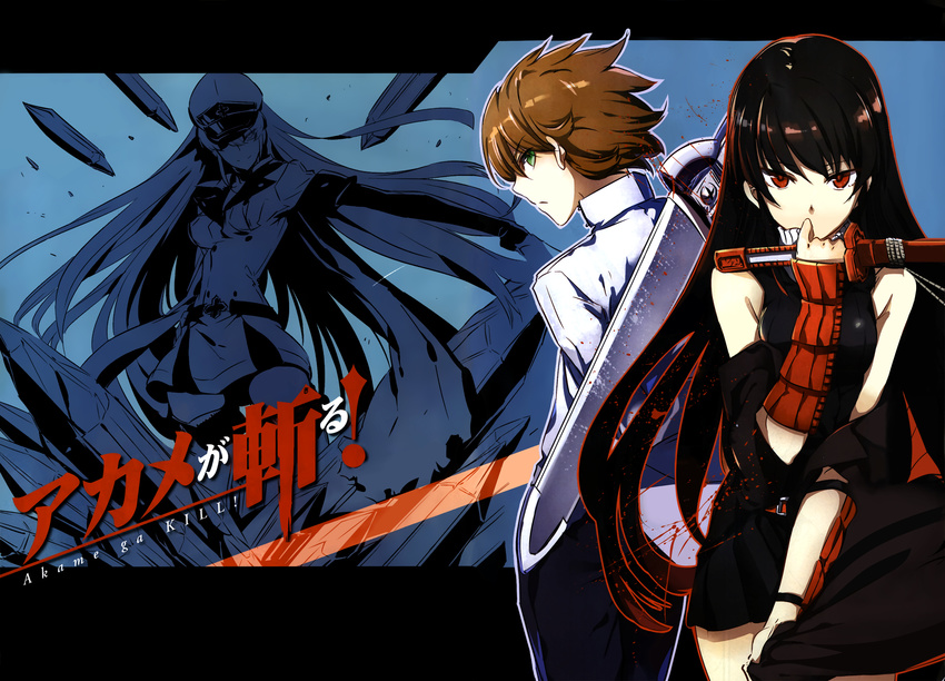 akame akame_ga_kill! black_hair brown_hair esdese green_eyes katana red_eyes sword tashiro_tetsuya tatsumi_(akame_ga_kill!) weapon