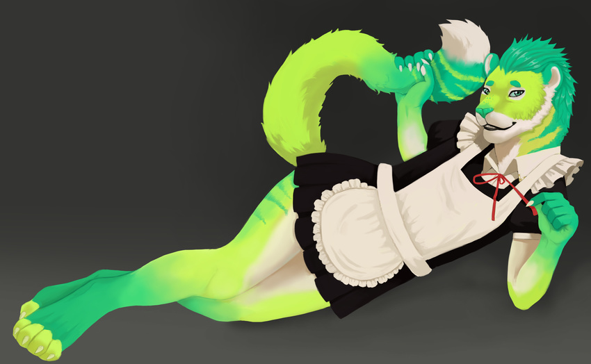 bow cat crossdressing feline fur green_eyes hair invalid_color invalid_tag looking_at_viewer maid maid_uniform male mammal minibabylizard neon plain_background smile solo tiger