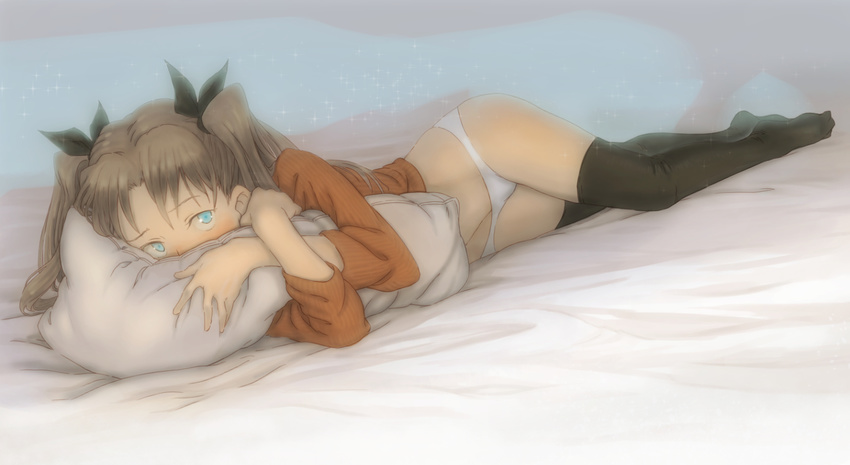 bad_id bad_pixiv_id black_legwear blue_eyes blush brown_hair covering_mouth fate/stay_night fate_(series) fronttire hair_ribbon long_hair long_legs lying no_pants on_bed on_side panties pillow pillow_hug ribbon solo thighhighs toosaka_rin two_side_up underwear white_panties