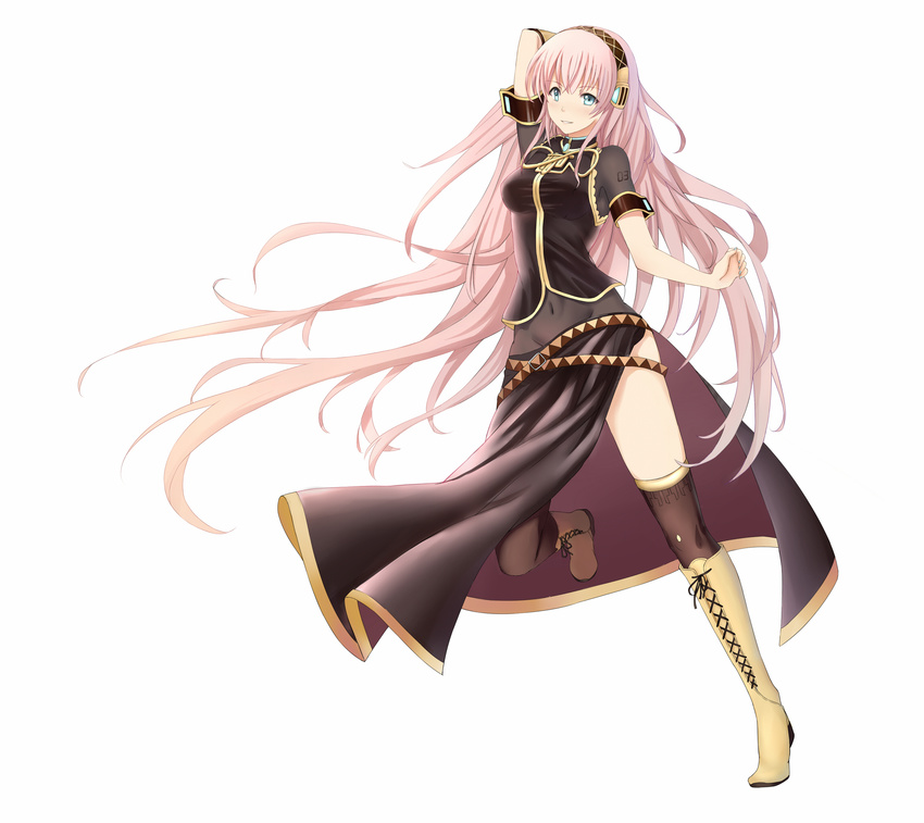 aqua_eyes arm_up belt black_dress black_legwear boots covered_navel cross-laced_footwear dress full_body hairband highres knee_boots long_hair megurine_luka nail_polish pink_hair see-through simple_background solo very_long_hair vocaloid white_background yeluno_meng