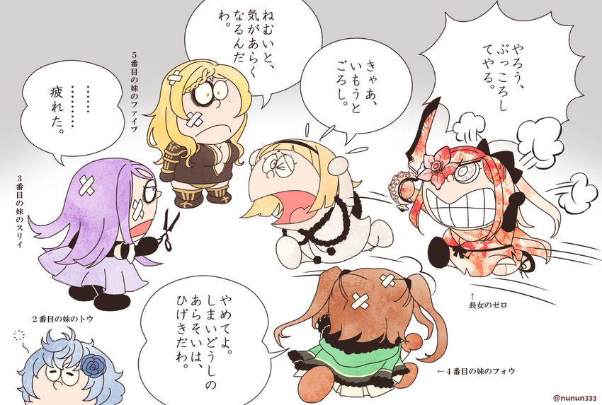 6+girls angry artist_request bandaid bared_teeth black_eye blonde_hair blood blood_splatter bloodshot_eyes blue_hair breasts brown_hair cape chasing chibi clenched_teeth deformed doraemon doraemon_darake drag-on_dragoon drag-on_dragoon_3 dress eyepatch five_(drag-on_dragoon) flower four_(drag-on_dragoon) gloves hair_flower hair_ornament hairband injury long_hair multiple_girls no_bra nunun one_(drag-on_dragoon) open_mouth panties pantyhose parody pink_eyes pink_hair ponytail purple_eyes purple_hair red_eyes running scissors short_hair skirt sleeping steam sword teeth three_(drag-on_dragoon) translation_request twintails two_(drag-on_dragoon) underwear weapon yellow_eyes zero_(drag-on_dragoon)