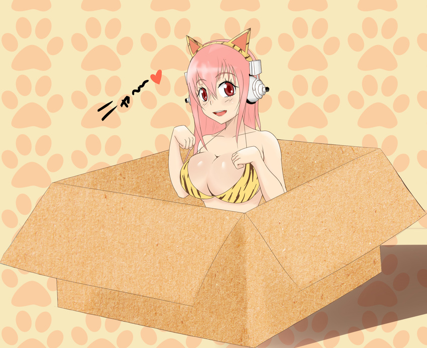 animal_ears animal_print bad_id bad_pixiv_id bikini blush box breasts cardboard_box cat_ears cleavage headphones highres in_box in_container large_breasts long_hair looking_at_viewer nitroplus open_mouth pink_hair red_eyes rozencruz smile solo super_sonico swimsuit tiger_print