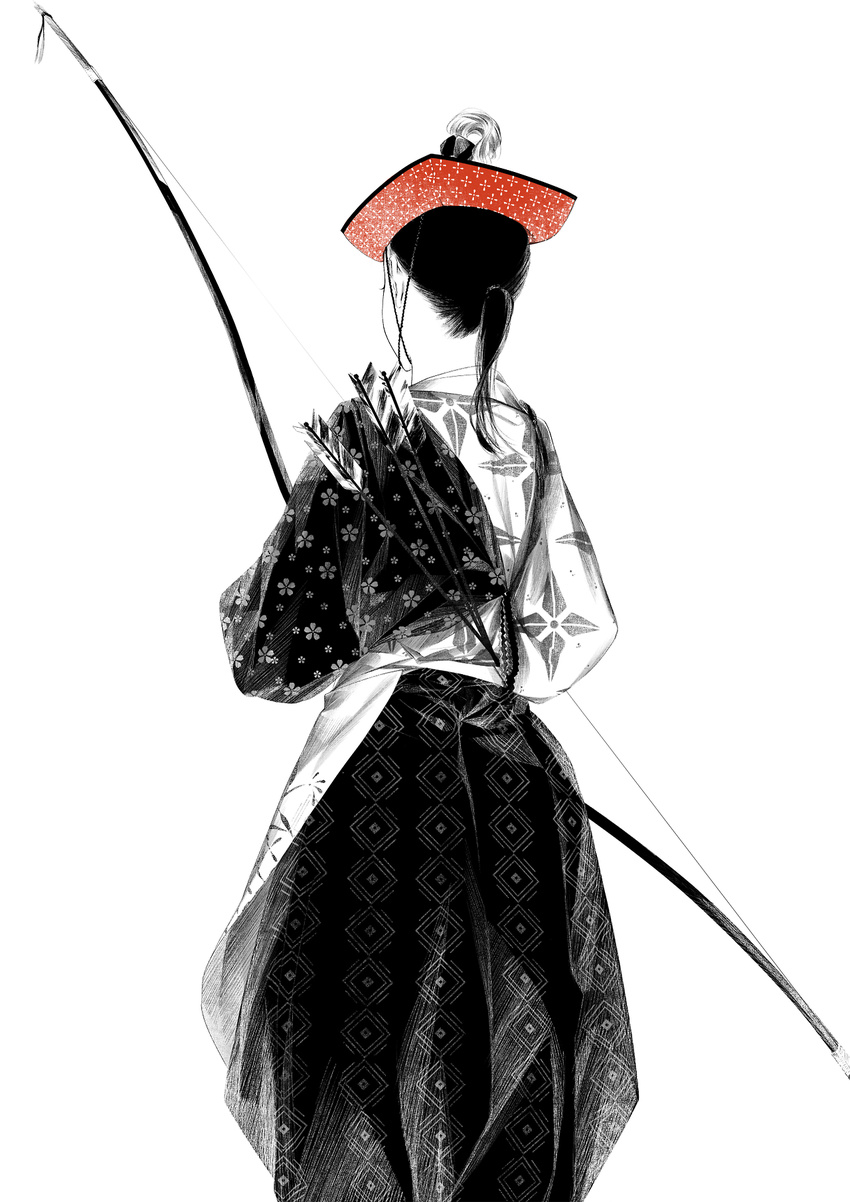 1girl archery arrow back black_hair bow_(weapon) from_behind hat highres japanese_clothes kimono monochrome original patterned ponytail sawasawa short_hair simple_background solo spot_color weapon white_background