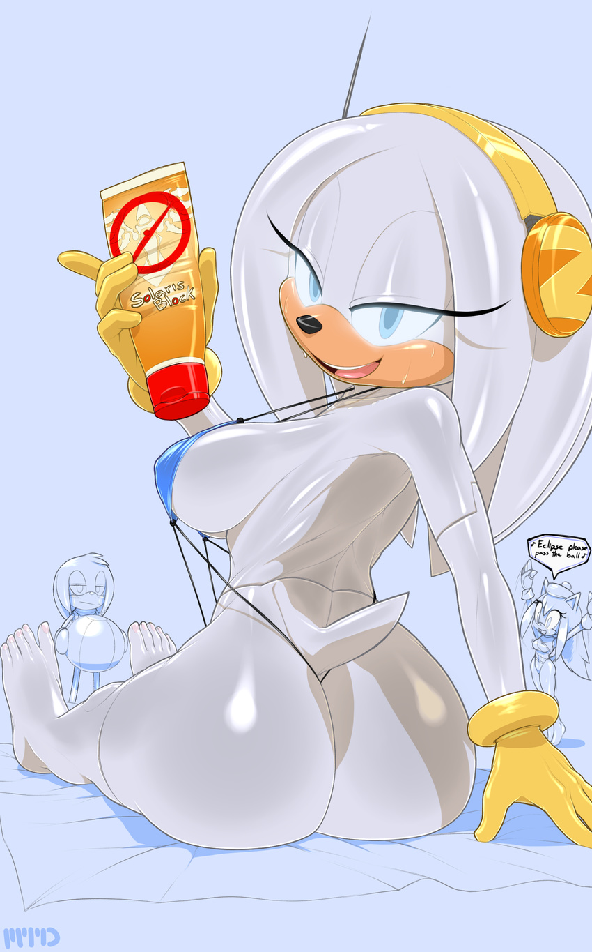 big_butt bikini black_nose blue_eyes breasts butt echidna female gloves grey_hair grey_skin hair headphones hedgehog hi_res hindpaw looking_at_viewer looking_back mammal marthedog nails paws sega side_boob sitting smile sonic_(series) sunblock sweat swimsuit thong tongue towel zeta_the_echidna