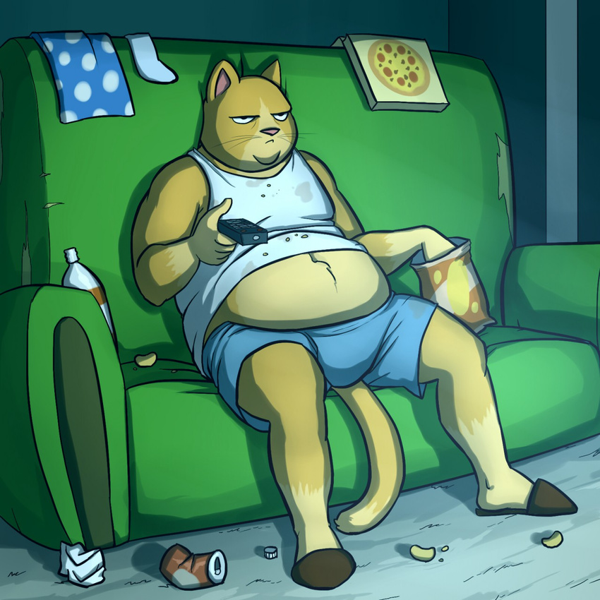 cat chubby clothed clothing eating feline frown garbage grumpy kostos_art male mammal overweight plantigrade remote shirt shorts sitting slippers slob sofa solo tank_top the_truth whiskers