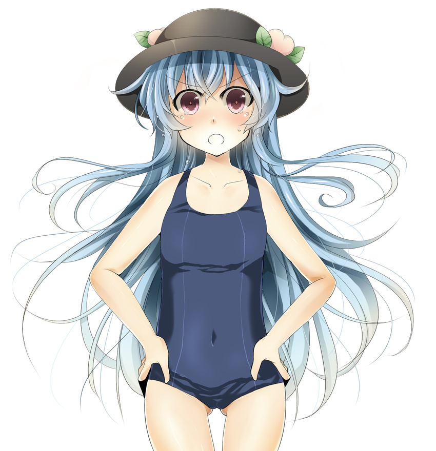 bad_id bad_pixiv_id blue_hair food fruit hands_on_hips hat highres hinanawi_tenshi kuran_(mkmrl) long_hair one-piece_swimsuit peach red_eyes school_swimsuit solo swimsuit tears touhou