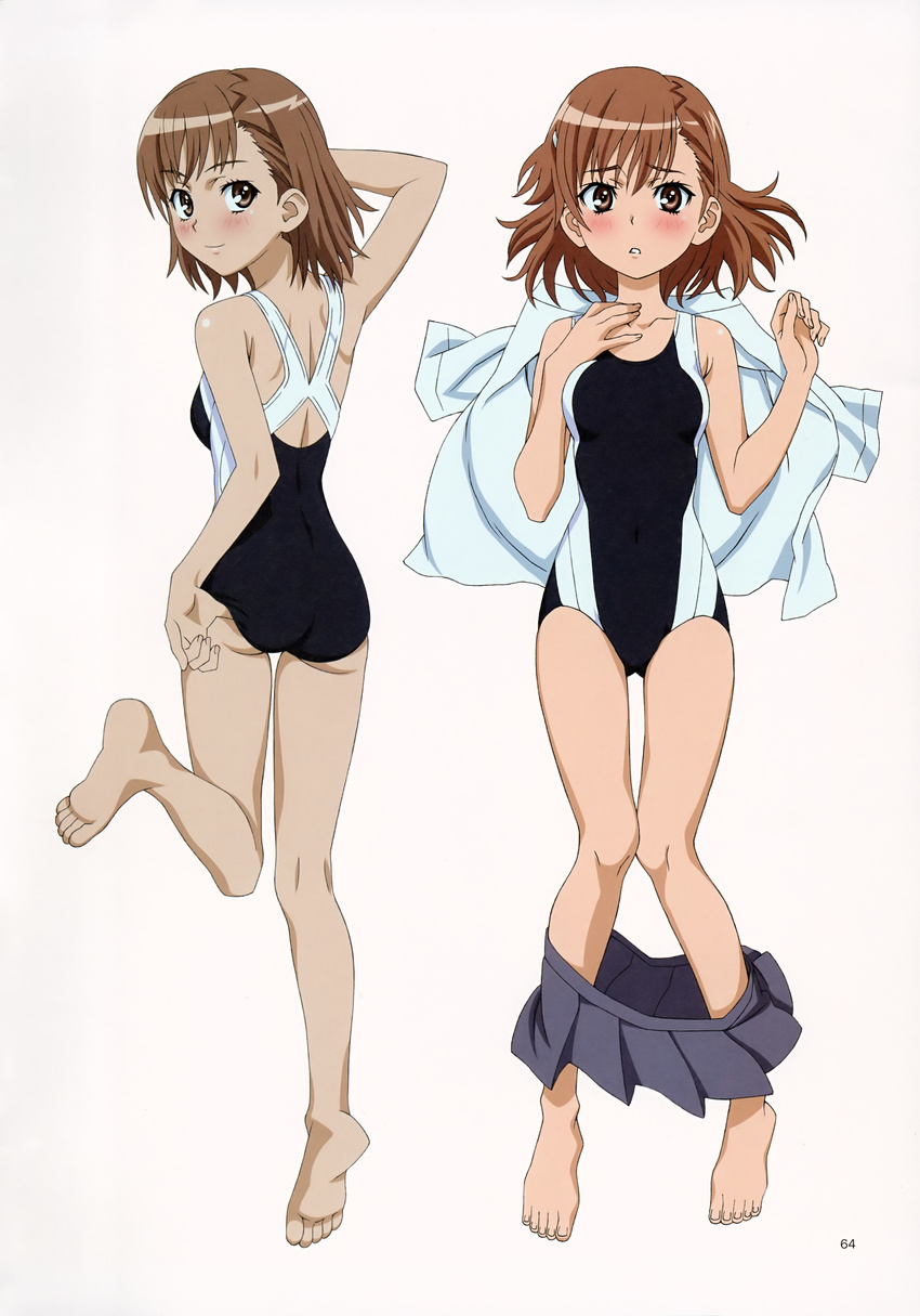 absurdres adjusting_clothes adjusting_swimsuit ass ass_visible_through_thighs blush competition_swimsuit dakimakura hara_shuuichi highres legs misaka_mikoto multiple_views official_art one-piece_swimsuit open_clothes open_shirt shirt skirt smile swimsuit to_aru_majutsu_no_index