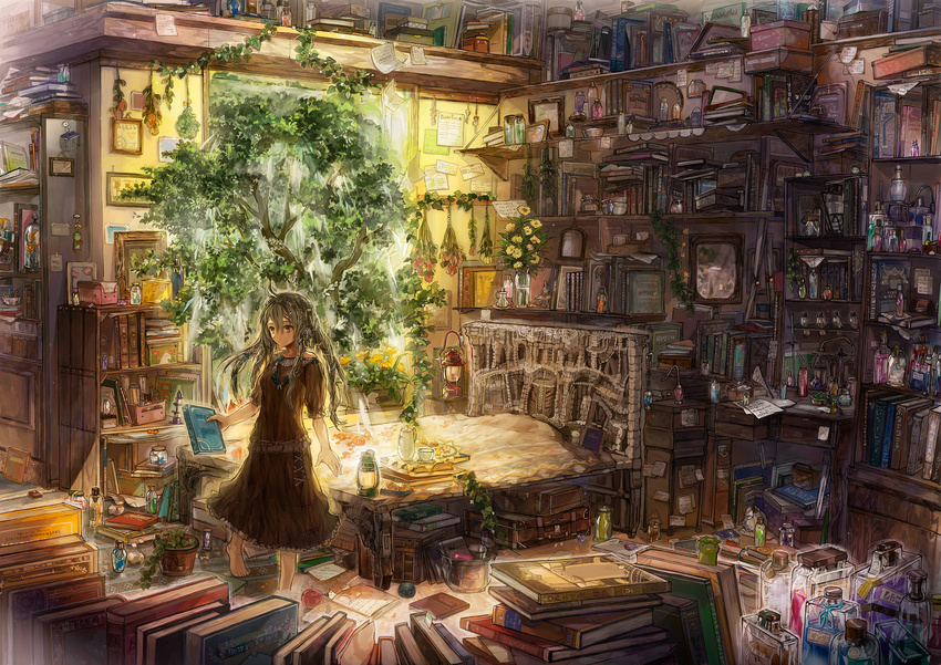 barefoot bed book bookmark bookshelf bottle braid dress flower flower_pot hair_ornament hair_ribbon hairpin herb_bundle highres indoors jewelry kappa lamp mirror necklace neyagi original plant potted_plant ribbon room scenery shelf solo suitcase teapot tree yellow_eyes