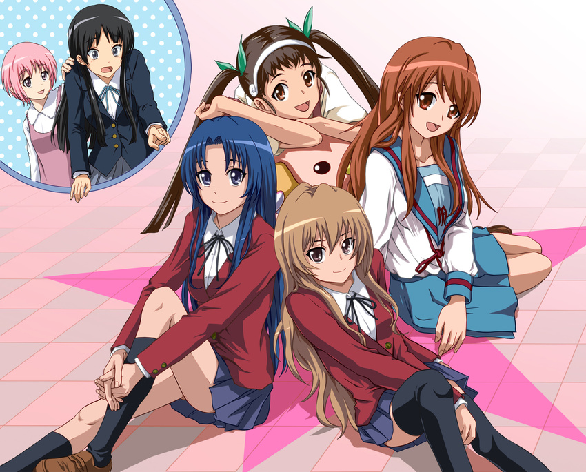 aisaka_taiga akiyama_mio asahina_mikuru bakemonogatari black_hair black_legwear blue_hair brown_hair crossover hachikuji_mayoi highres k-on! kawashima_ami kita_high_school_uniform long_hair long_legs monogatari_(series) multiple_girls no10 pink_hair school_uniform serafuku sitting suzumiya_haruhi_no_yuuutsu thighhighs to_aru_kagaku_no_railgun to_aru_majutsu_no_index toradora! tsukuyomi_komoe twintails