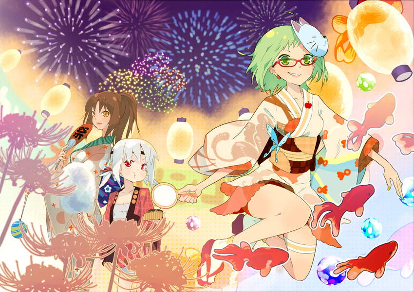 aerial_fireworks brown_hair bug butterfly earrings fan fireworks fish flower glasses goldfish goldfish_scooping green_eyes green_hair gumi headband insect japanese_clothes jewelry kimono lantern multiple_girls neon_(crosslight) paper_fan ponytail red_eyes sandals short_kimono socks spider_lily uchiwa ukke vocaloid water_yoyo white_hair yellow_eyes