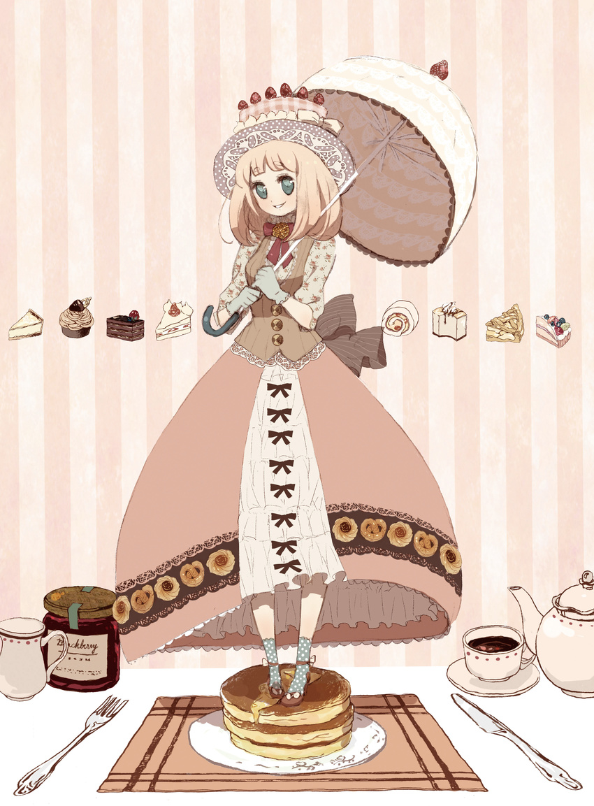 absurdres bad_id bad_pixiv_id cake dress food food_themed_clothes fork highres knife original pancake solo tea umbrella wamochi