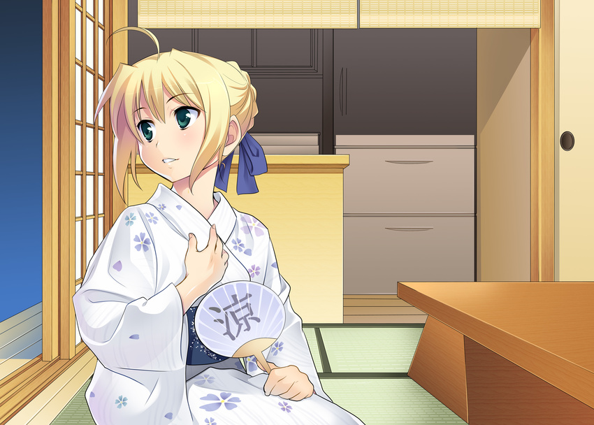 absurdres ahoge artoria_pendragon_(all) azu blonde_hair fan fate/stay_night fate_(series) green_eyes highres japanese_clothes kimono paper_fan saber shouji sitting sliding_doors solo tatami uchiwa yukata