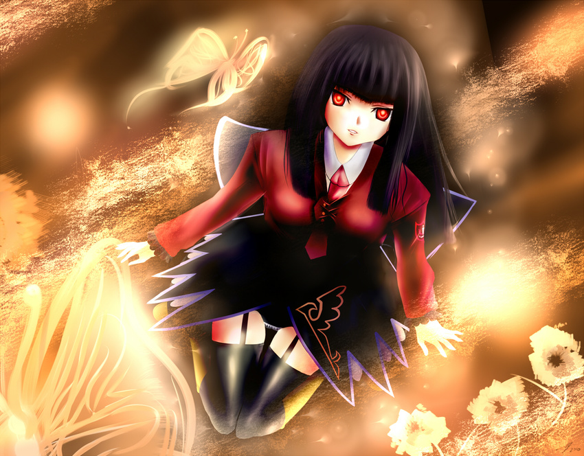 bad_id bad_pixiv_id black_hair black_legwear boots breasts bug butterfly flower glowing glowing_eyes helrouis insect kneeling large_breasts long_hair looking_up lucifer necktie red_eyes solo stakes_of_purgatory thighhighs umineko_no_naku_koro_ni