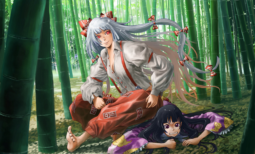 bamboo bamboo_forest barefoot bear_(qma) black_hair bow forest fujiwara_no_mokou hair_bow hair_ribbon highres houraisan_kaguya long_hair multiple_girls nature pants purple_eyes red_eyes ribbon rivalry silver_hair sitting sitting_on_person suspenders touhou