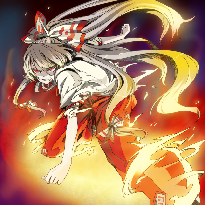 bad_id bad_pixiv_id bangs bow clenched_teeth fire frown fujiwara_no_mokou hair_bow hands highres ko-&gt;u long_hair pants red_eyes silver_hair slit_pupils solo teeth touhou very_long_hair