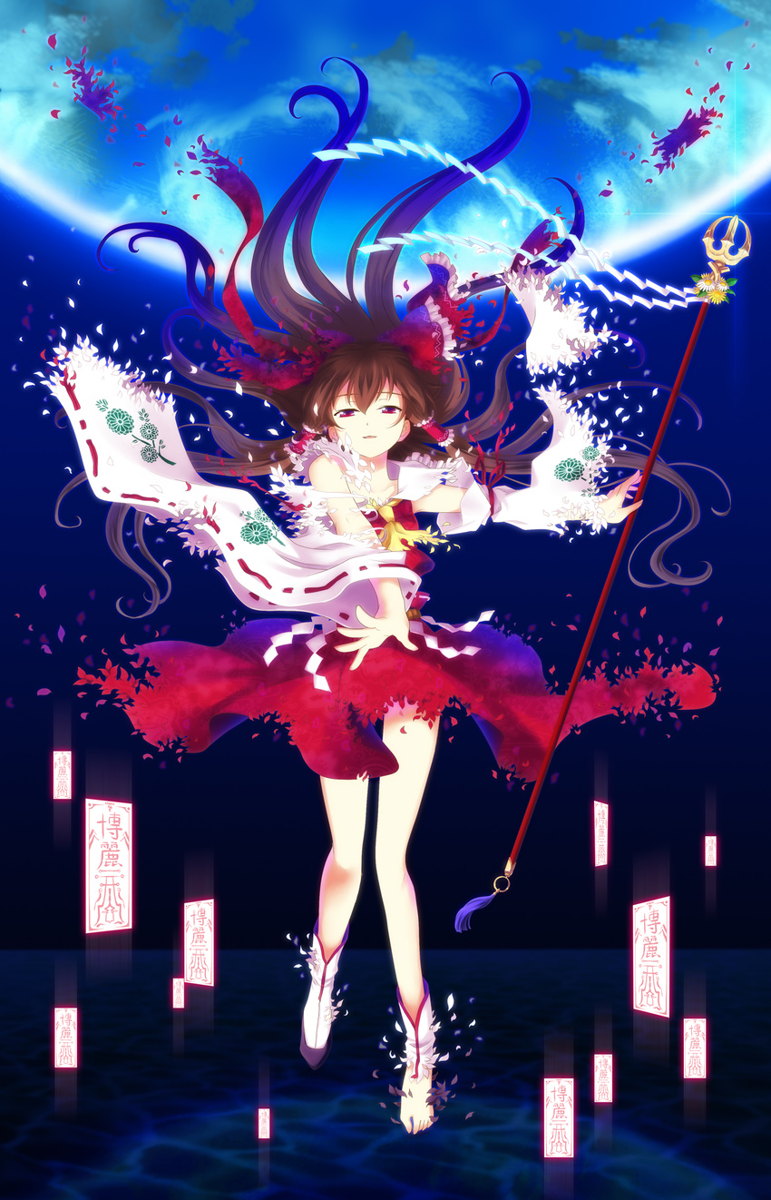 arm_at_side arm_garter arm_ribbon ascot bangs barefoot brown_hair chamomile dandelion detached_sleeves dissolving_clothes dropping earth eyebrows_visible_through_hair floating_hair floral_print flower full_body gohei hair_between_eyes hair_ribbon hair_tubes hakurei_reimu half-closed_eyes highres long_hair looking_at_viewer ofuda outstretched_arms parted_lips reaching_out red_eyes red_ribbon red_vest ribbon ribbon_trim rope shide shimenawa skirt skirt_set solo soukuu_kizuna spread_fingers staff tassel touhou vest wide_sleeves yellow_neckwear
