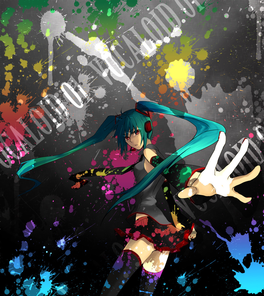 bad_id bad_pixiv_id green_hair hatsune_miku highres long_hair necktie red_eyes rioko skirt solo thighhighs twintails very_long_hair vocaloid