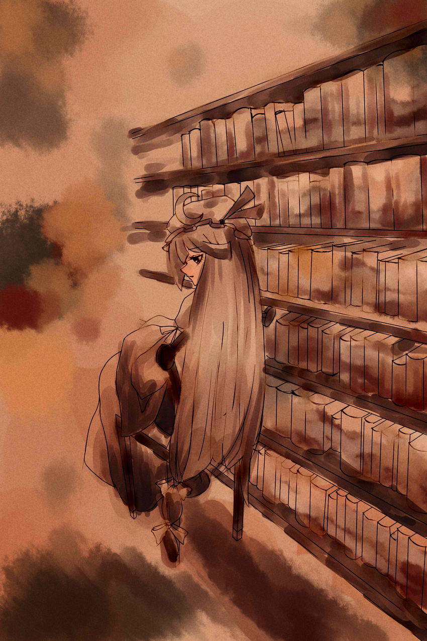 absurdres bad_id bad_pixiv_id book bookshelf chair crescent from_behind hat highres library monochrome nekonote_(neconote) orange_(color) patchouli_knowledge profile sitting solo touhou voile