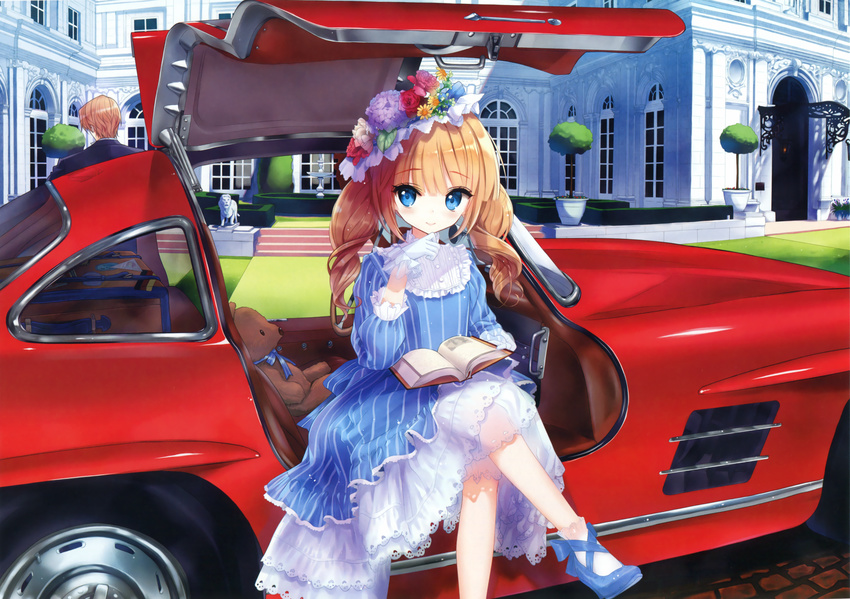 1girl absurdres blonde_hair blue_dress blue_eyes blue_footwear blush book brown_hair car closed_mouth crossed_legs dress flower fountain frills gloves grass ground_vehicle gullwing_doors hat hat_flower hedge_(plant) highres hydrangea hydrangea_hair_ornament left-hand_drive lolita_fashion long_hair looking_at_viewer mansion mercedes mercedes_benz_300sl motor_vehicle open_book original outdoors plant red_flower red_rose rose shoes sitting smile socks statue striped striped_dress stuffed_animal stuffed_toy suitcase teddy_bear tree tsukigami_runa twintails white_gloves white_legwear window