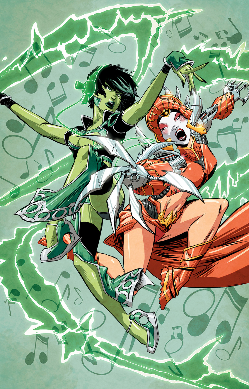 2girls ame-comi blind dc_comics female flying_guillotine green_lantern green_lantern_(series) green_skin headphones jade_(dc) lipstick make-up makeup multiple_girls music wedge_heels