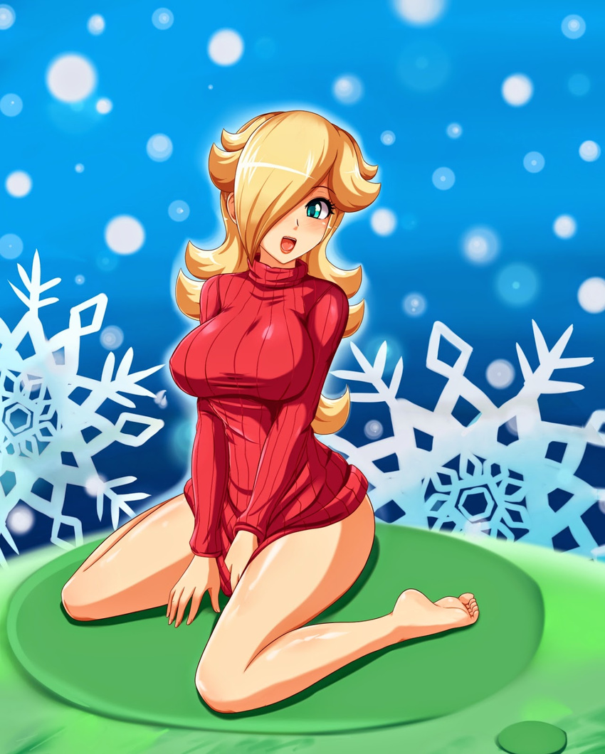 :d aqua_eyes bare_legs barefoot between_legs blonde_hair blush bottomless breasts feet hair_over_one_eye hand_between_legs highres large_breasts legs long_hair looking_at_viewer mario_(series) naked_sweater open_mouth ribbed_sweater rosetta_(mario) sigurd_hosenfeld sitting smile snowflakes soles solo super_mario_bros. super_mario_galaxy sweater toes turtleneck v_arms wariza