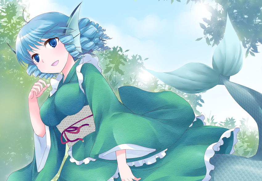 blue_eyes blue_hair breasts head_fins japanese_clothes kimono large_breasts looking_at_viewer mermaid monster_girl obi ogakuru sash short_hair solo touhou wakasagihime