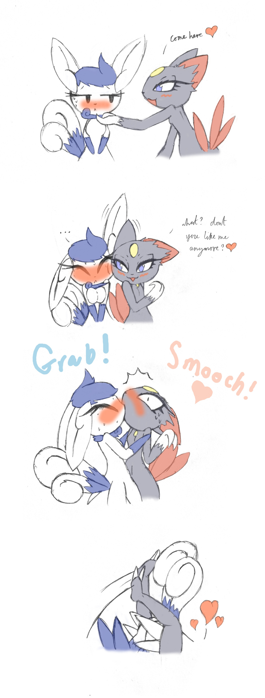 beasts big_breasts bisexual bit-small blush breast_squish breasts comic cute female flat_chested kissing lesbian male meowstic nintendo plain_background pok&#233;mon pok&eacute;mon shy small_breasts sneasel text video_games