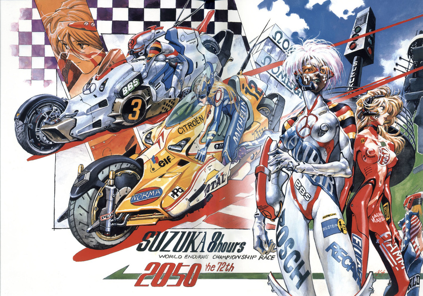 bodysuit breasts center_opening character_request christmas_tree_(racing) cleavage collarbone covered_nipples detached_collar english facepaint goggles ground_vehicle headset helmet highres long_hair looking_at_viewer medium_breasts motor_vehicle motorcycle multiple_girls non-web_source sadamoto_yoshiyuki short_hair skin_tight sky smile source_request standing suzuka_hachitai_2050 tattoo traffic_light transparent wheel white_background