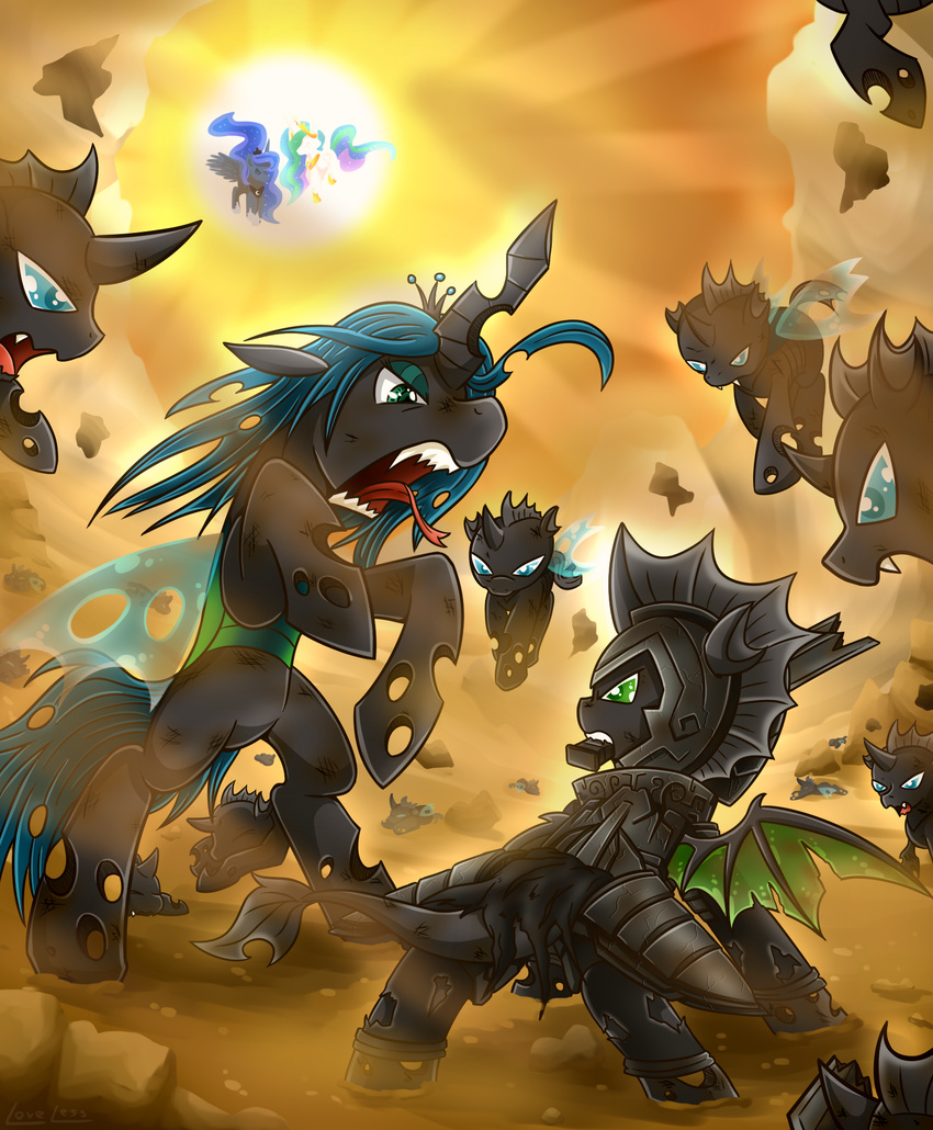 absurd_res bat_pony battle changeling equine fangs female feral fight friendship_is_magic group hi_res horn horse male mammal my_little_pony pony princess_celestia_(mlp) princess_luna_(mlp) queen_chrysalis_(mlp) vavacung winged_unicorn wings