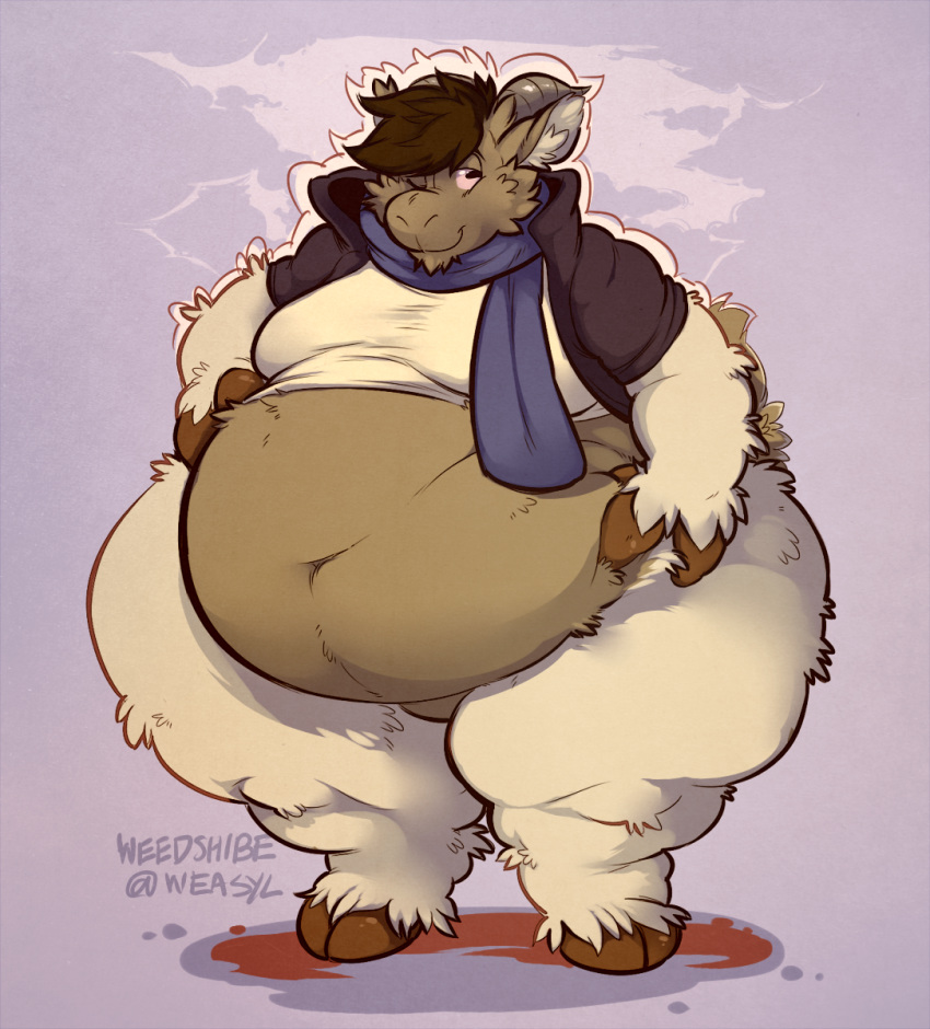 anthro barefoot belly big_belly bottomless cappuccino caprine clothed clothing fur goat hair hand_on_stomach hooved_fingers hooves horizontal_pupils horn jacket male mammal moobs navel obese obese_male one_eye_closed overweight overweight_male scarf smile solo standing thick_thighs wide_hips wink wool