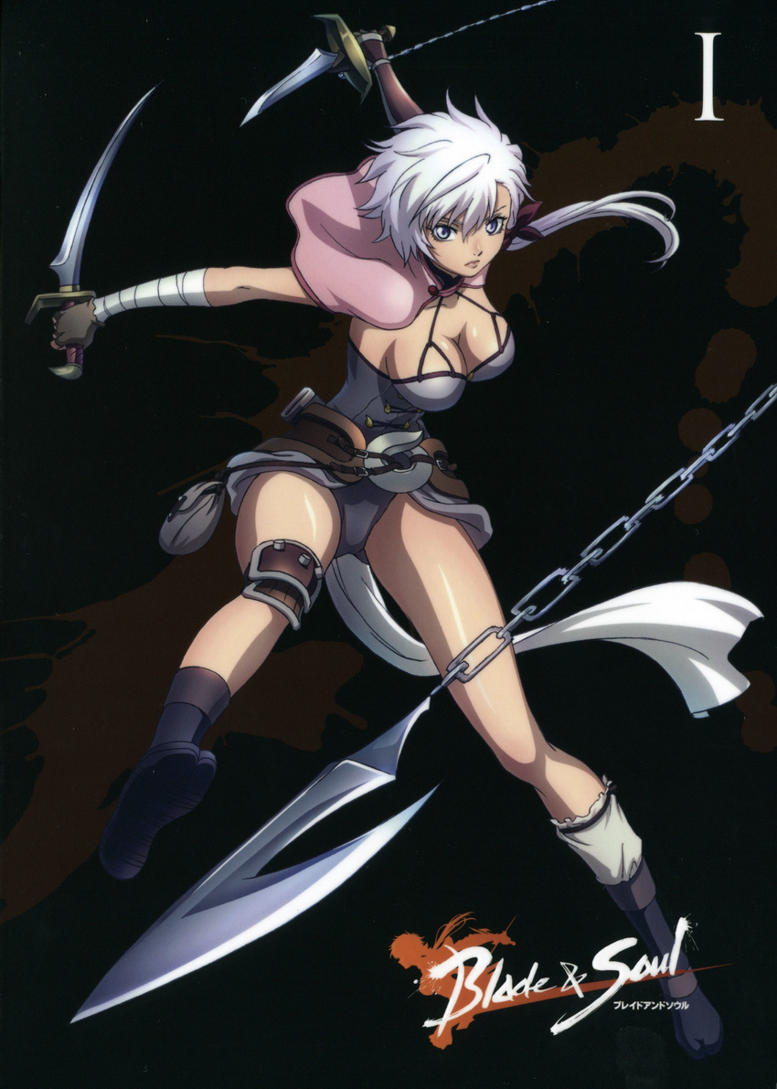 1girl alka bandage blade_&amp;_soul breasts chains dagger highres large_breasts official_art purple_eyes solo weapon white_hair