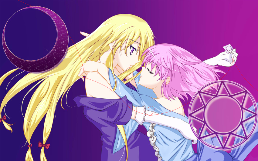 bad_id bad_pixiv_id blonde_hair bow closed_eyes crescent dress elbow_gloves eyelashes gloves gradient gradient_background hair_bow heart heart_of_string highres hug imminent_kiss japanese_clothes kimono long_hair looking_at_another miko_embrace multiple_girls no_hat no_headwear off_shoulder parody pink_hair profile purple_eyes red_string saigyouji_yuyuko shirleyhayes short_hair string sun_(symbol) touhou very_long_hair white_gloves yakumo_yukari yuri