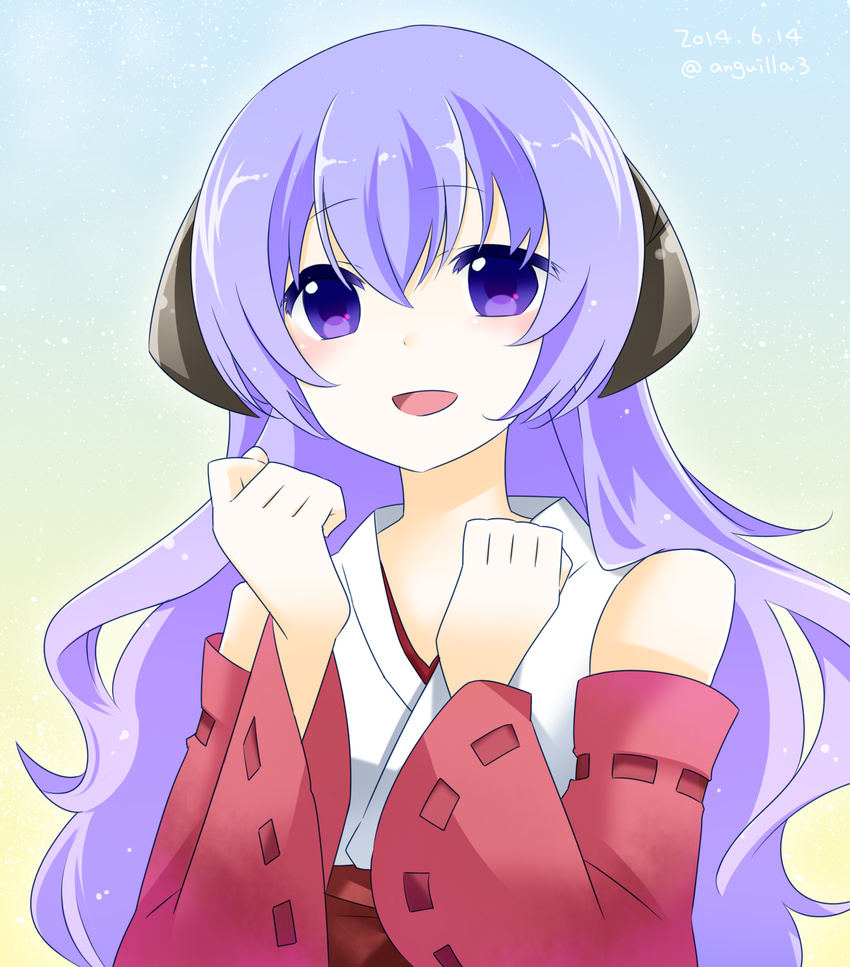 detached_sleeves hanyuu highres higurashi_no_naku_koro_ni horns japanese_clothes kiriko miko open_mouth purple_eyes purple_hair solo