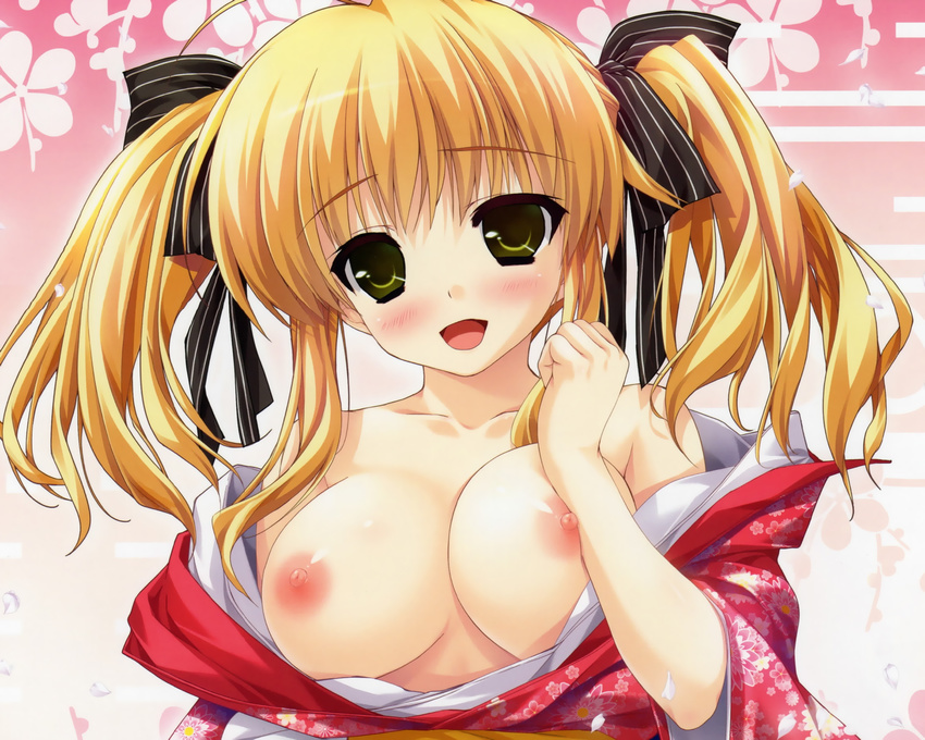 blonde_hair breasts clochette japanese_clothes kimono nipples open_shirt prism_recollection shintaro twintails uisaki_hinano