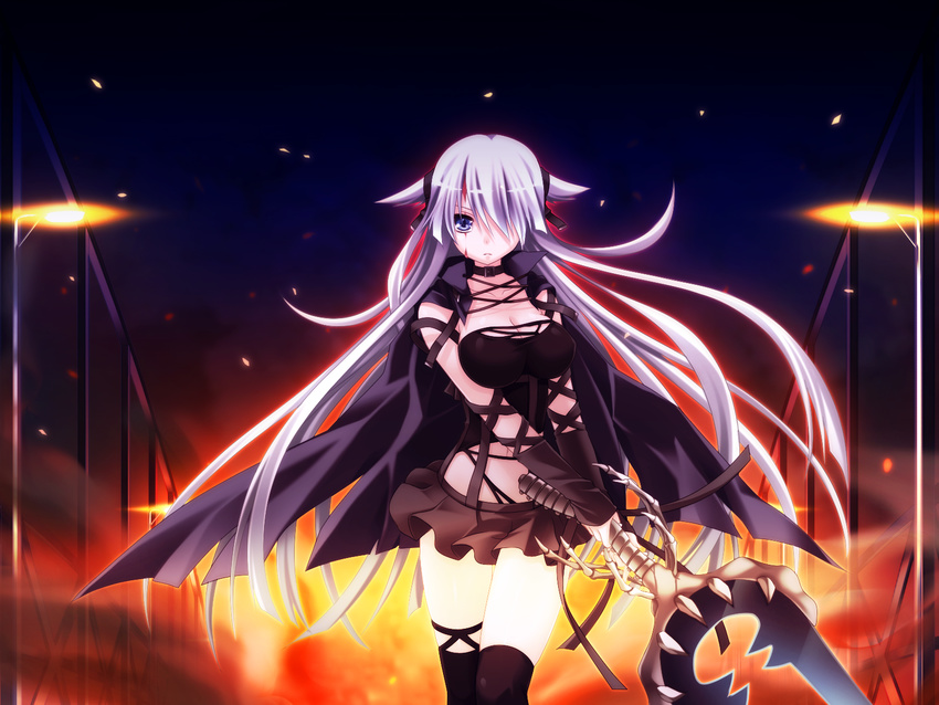 bloody_rondo blue_eyes breasts cape cleavage game_cg gray_hair kneehighs long_hair lynette_vance makita_maki skirt sword weapon